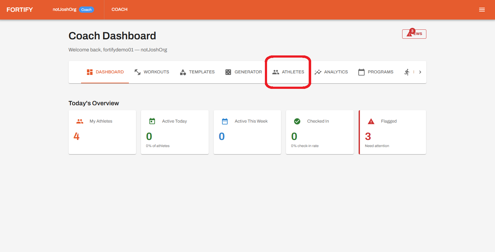 Athletes section — Coach Dashboard