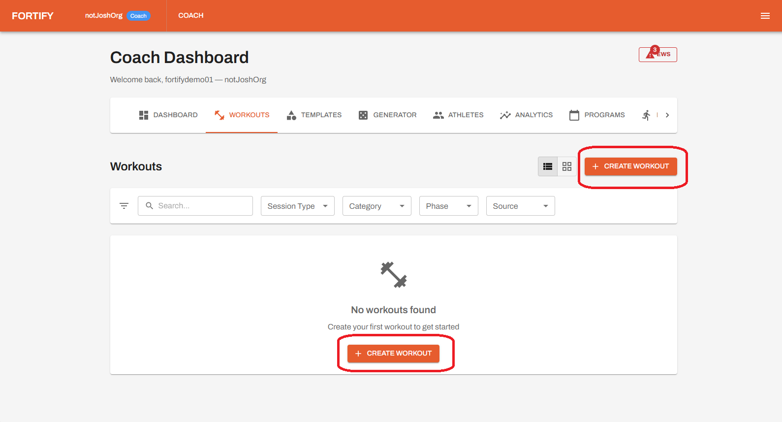 Create Workout button