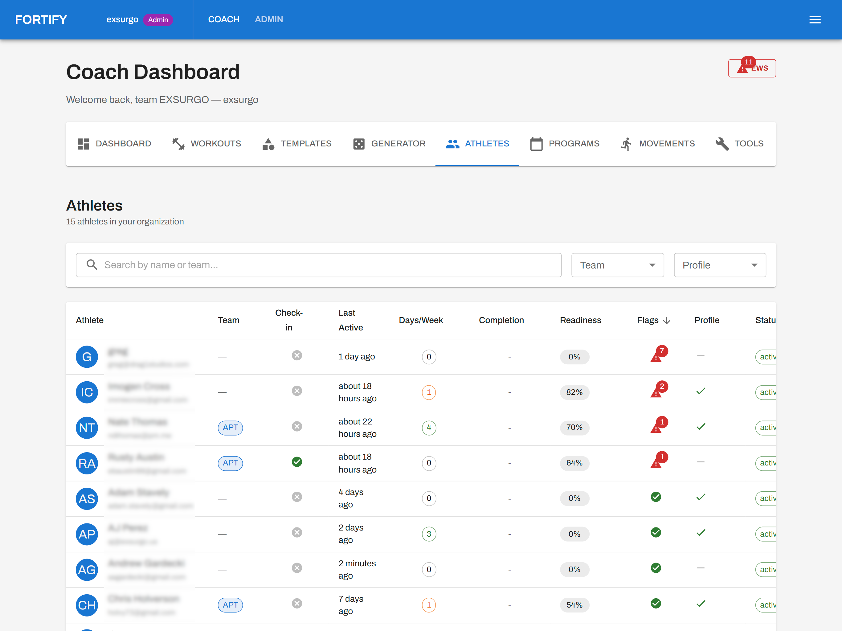 Fortify coach athlete management dashboard