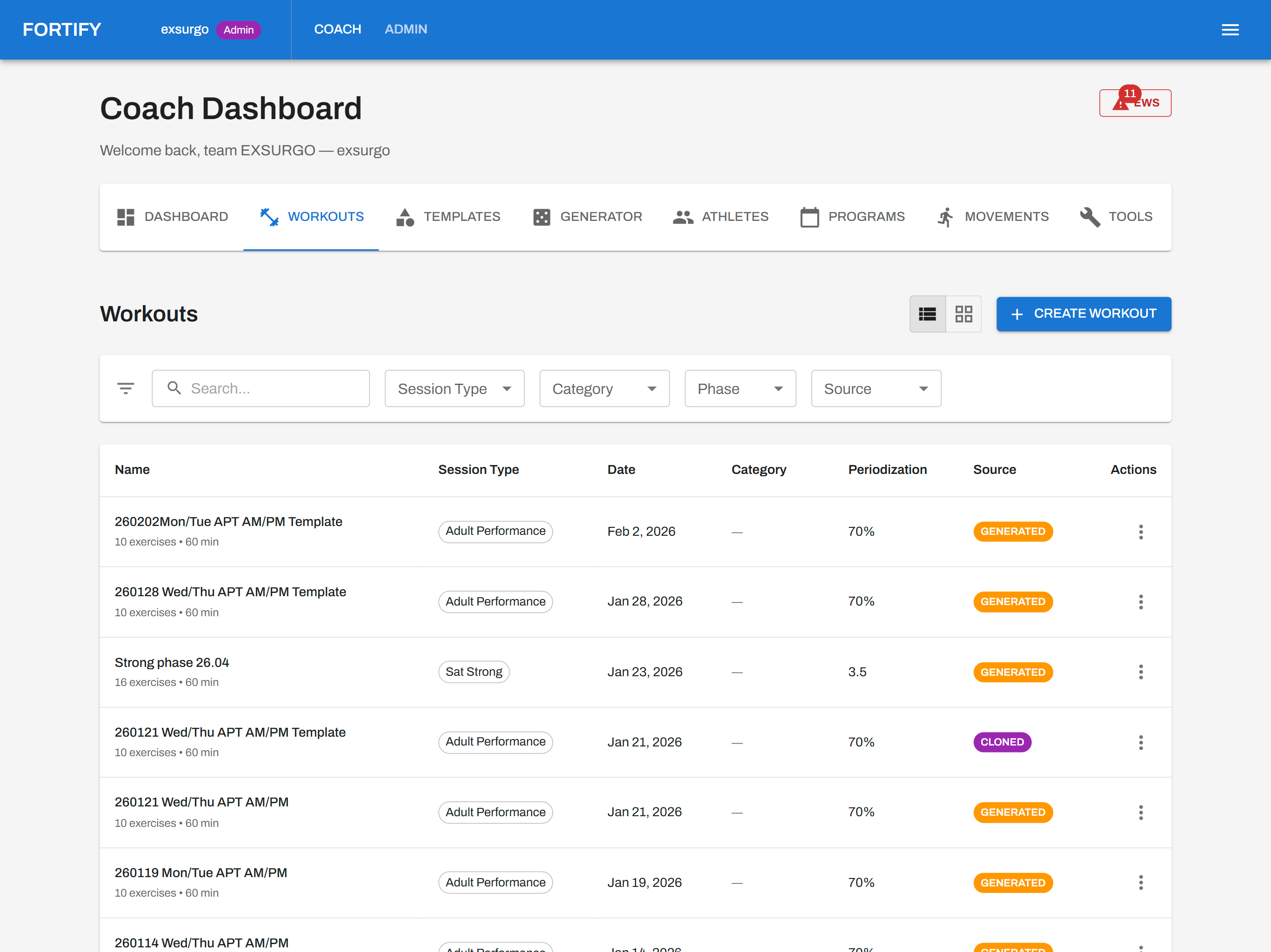 Fortify coach workout programming dashboard